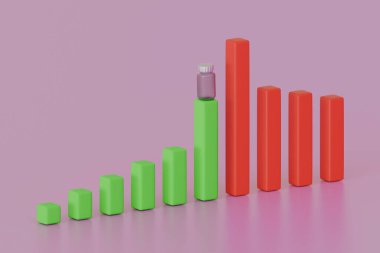 Renkli 3D bar tablosu, pastel arka planda yeşil ve kırmızı çizgiler, bir çubuğun üzerinde bir şişe var. Veri veya tıbbın soyut temsili.