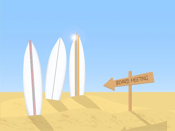 Illustrazione Concetto Riunione Del Consiglio Amministrazione Con Tavole Surf — Vettoriale Stock