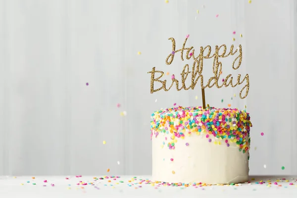 Colorful Birthday Cake Golden Happy Birthday Banner Falling Sprinkles — Stock Photo, Image