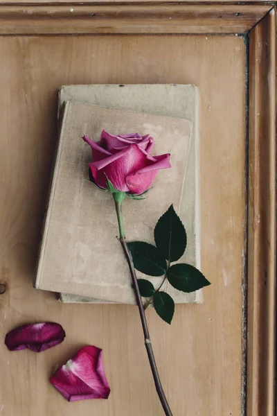 Verblasste Rosa Rose Und Alte Bücher Auf Einem Hölzernen Hintergrund — Stockfoto