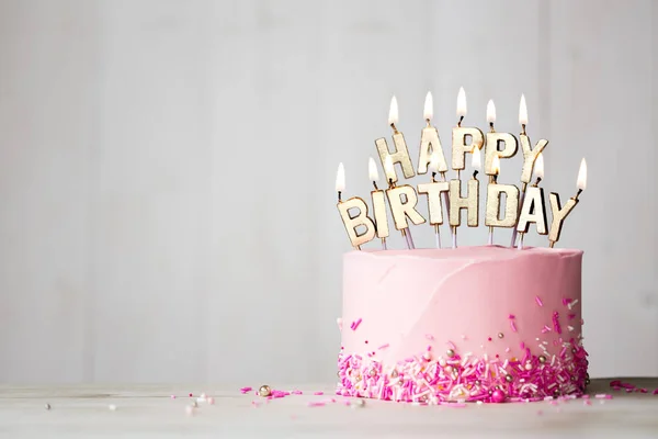 Pink Birthday Cake Gold Happy Birthday Candles — Stock Photo, Image