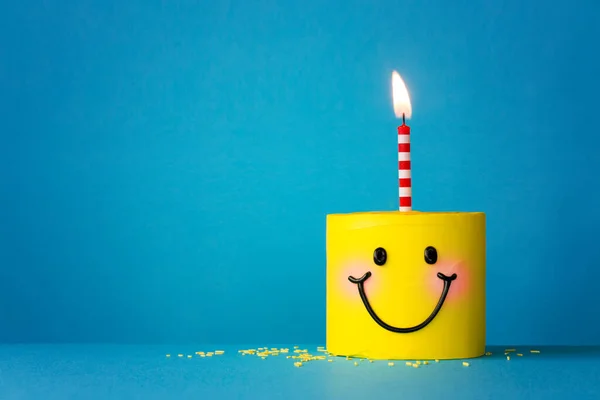 Yellow Smiley Face Birthday Cake One Candle — Stock Photo, Image