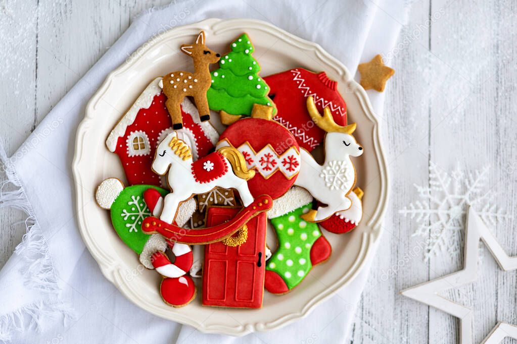 Decorated gingerbread cookies on a plate