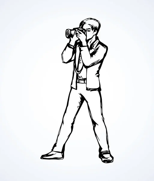 Νέοι Κάμεραμαν Τύπος Κάνει Περίοδο Λειτουργίας Του Στιγμιότυπου Λευκό Φόντο — Διανυσματικό Αρχείο