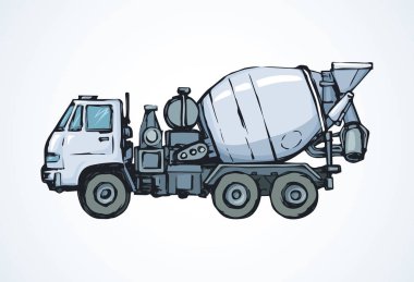 Büyük gri scrambler davul kapsayıcı ışık yol zemin üzerinde. Parlak gümüş renkli el çekilmiş logo piktogram amblemi sanat modern doodle karikatür tarzı içinde yarım yamalak. Metin için yer ile yan görünüm