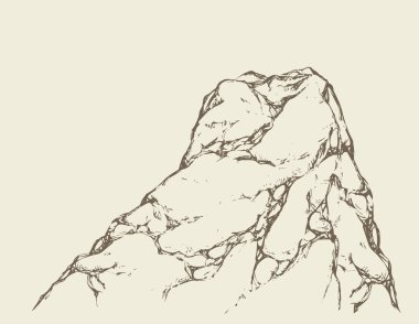 Büyük eski ağır gri yükseklik tepe sitesi sırt yukarıya. Serbest el anahat mürekkep el çizilmiş resim nesnesinde yarım yamalak sanat doodle retro tarzı kalem kağıt üzerinde. Metin için yer doğal görünümüyle beyaz gökyüzü zemin üzerinde