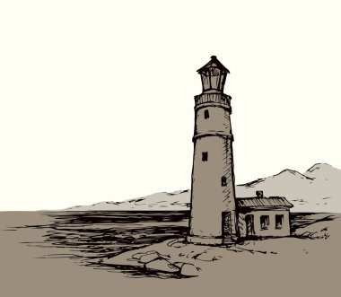 Yaz taş hill banka sahne üzerinde beyaz gökyüzü izole. Gemi veya tekne için nokta fener. Serbest çizim siyah mürekkep el sanat retro karikatür doodle tarzı kalem kağıt alanı metni kabataslak çizilmiş Sahili