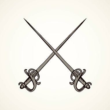 Klasik çelik bütünüyle ele yaşlı uzun folyo cutlass şiş aracı beyaz arka plan üzerinde. Serbest çizim siyah mürekkep el çekilmiş savaş metal bıçak logo amblem sanat doodle stil tükenmez kalemle kağıt üzerinde alanı ile metin için