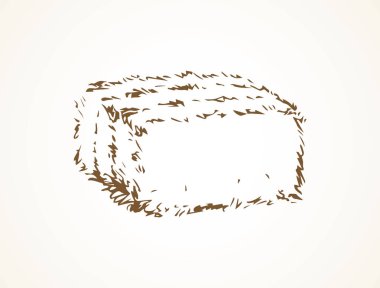 Haycock blok paket beyaz köy zemin üzerinde hayvancılık hayvan için. Serbest el anahat siyah mürekkep el sonbahar Eko haymow logo işareti retro sanatta yarım yamalak karikatür tarzı kalem kağıt alanı metin için doodle çizilmiş