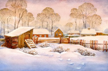 Renkli parlak el çekilmiş suluboya kroki üzerinde kağıt zemin üzerinde pembe gün batımından sky metin için yer ile. Antika in rime ı shack sahnede karlı hamlet sessiz ayaz hoarfrost kışın xmas gün sokak