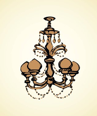 Altın zengini abajur beyaz fonda asılı. Serbest çizgi siyah mürekkep çizili ampul tasarım amblemi logosu yeniden canlandırma rococo sanat karalama kalemini kağıda çizmiş. Metin için alanı olan görünümü kapat