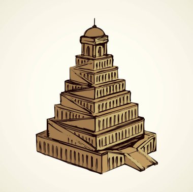 Yaşlı Sümer babil uzun boylu palace ünlü İncil hikayesi. Büyük nimrud kale dış sahne. Orta Doğu Asur İmparatorluğu ülke görünümü. Elle çizilmiş mürekkep resim simgesi kroki sanat retro basık karikatür tarzı