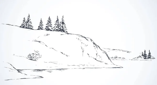 白い空の背景にテキストのためのスペースを持つ川岸に高い崖と素朴なシーン アルパイン水辺 概要フリーハンドブラックインクハンド紙にアートヴィンテージスクリブルスタイルのペンでスケッチ絵を描いた — ストックベクタ