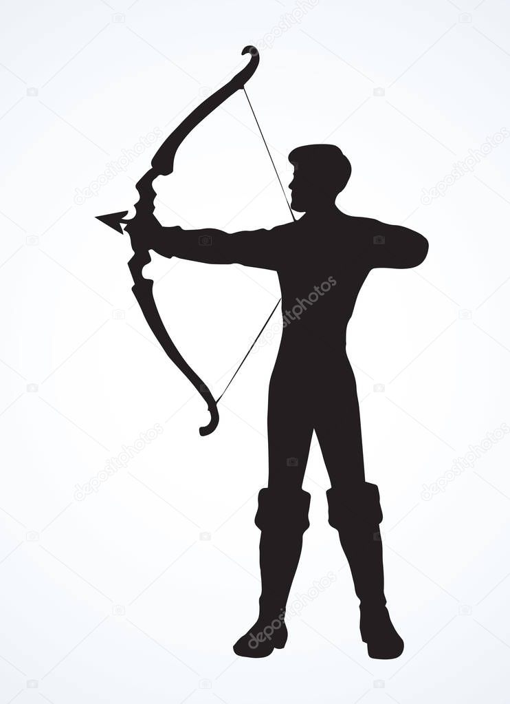 Athletic power shooter boy figure stand with longbow on white backdrop. Dark black ink drawn dart point lady bowwoman logo emblem pictogram in art retro contour print style with space for text