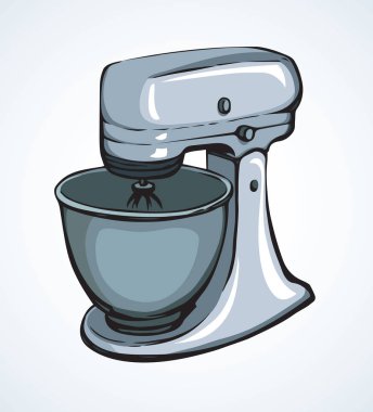 Plastik pirzola yemek karıştırıcı pan stand metin için beyaz arka plan üzerinde. Parlak çelik renk el çekilmiş baker kırbaç acı suyu kokteyl sıvı maker Kupası nesne logo piktogram Eskiz sanat modern doodle çizgi film tarzı