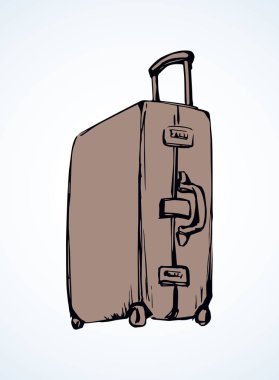 Büyük kapalı taşımak gövde kutusu sac beyaz Havaalanı zemin üzerinde. Takım elbise büyük holdall taşıyıcı freehand anahat siyah mürekkep el çekilmiş logo amblem yarım yamalak retro sanat doodle stil tükenmez kalemle kağıt ve alan metin için