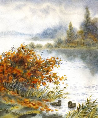 Renkli neşeli el çekilmiş suluboya kroki üzerinde kağıt zemin üzerinde beyaz gloaming cennet metin için yer ile. Doğal sakin gün park görünümü. NET sakin brook, yemyeşil kırmızı çalı ile hafif sessiz defne sahne