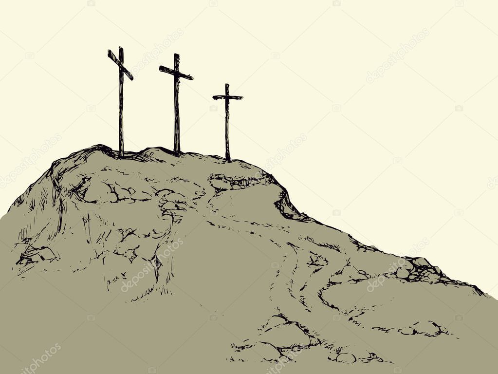 Three historic jew old tomb roods. Traditional lent crucified scene isolated on white backdrop. Outline black ink hand drawn picture sketch in doodle retro style pen on paper and space for text on sky