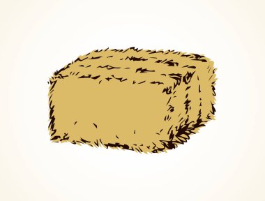 Haycock blok paket beyaz köy zemin üzerinde hayvancılık hayvan için. Serbest el anahat siyah mürekkep el sonbahar Eko haymow logo işareti retro sanatta yarım yamalak karikatür tarzı kalem kağıt alanı metin için doodle çizilmiş