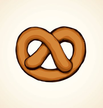 Lezzetli sıcak yumuşak sarı kabuk tohum lye büküm şekli beyaz zemin üzerinde. Parlak kahverengi renk el çizilmiş baker logo piktogram amblem tasarımı eskiz sanat retro karalama karikatür tarzı ve metin için yer