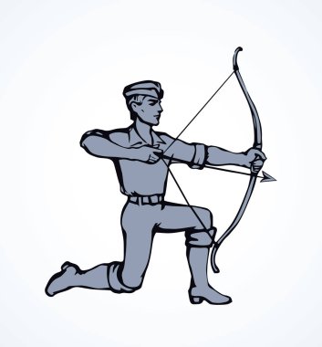 Atletik güç tetikçi çocuk şekil standon dizine longbow beyaz zemin üzerinde. Serbest çizim siyah mürekkep çizilen dart nokta adam bowman logo amblem yarım yamalak sanat retro doodle tarzı ve metin için yer