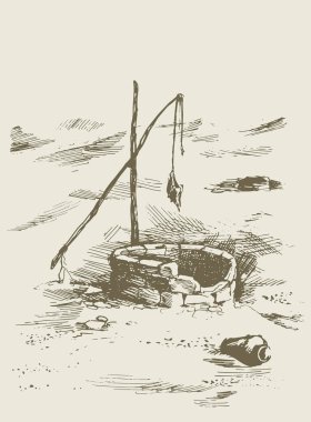 İsrail göçebe çiftlik köyündeki yaşlı Yahudi çeşme havzası. Koyu renkli, klasik karalama stili bir kalemle kağıda çizilmiş bir resim. Beyaz gökyüzünde metin için manzara görünümü ve boşluk