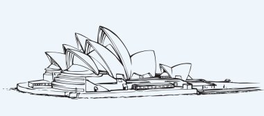 İkonik Sydney Opera House Sahne Sanatları Merkezi ayrıca bar ve açık restoran içeren yan görünüm. Vektör tek renkli serbest mürekkep metin alan gazeteyle sanat karalama antik stili hapiste arka plan kabataslak çizilmiş