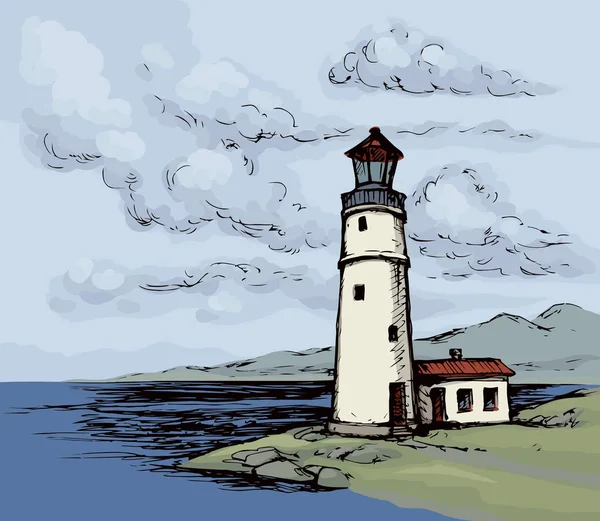 Yaz taş hill banka sahne üzerinde gri bulutlu bulutlu fırtına gökyüzü izole. Gemi veya tekne için nokta fener. Karanlık kasvetli renk el çekilmiş yatak hava sahil şeridi eskiz sanat retro karikatür doodle tarzı metin için yer ile