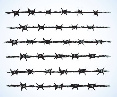 Engelli spiral bob dikenli tel sıra beyaz arka planda izole edildi. El çizimi mürekkep çizimi, resim çizimi, kağıt üzerine retro-kalem karalaması. Metin için alanı olan yakın görünüm