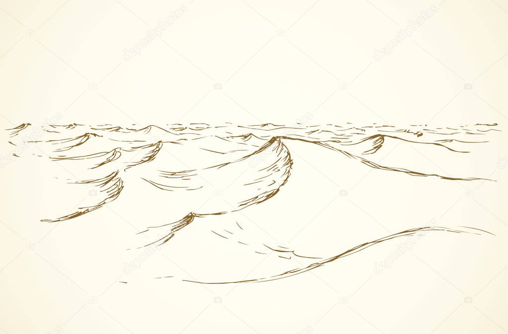 Peak skyline scenery. Outline black pen ink hand drawn warm global sandstorm sign icon symbol sketchy in art doodle vintage cartoon style. Scenic line view with space for text on light paper backdrop