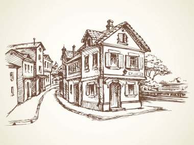 Yaşlı romantik yaz Ortaçağ yapı ile şehir merkezinde yer. FreeHand doğrusal mürekkep el sanat retro karalama grafik stili tükenmez kalemle kağıt üzerinde alanı ile beyaz gökyüzü zemin üzerinde metin için kabataslak çizilmiş resim