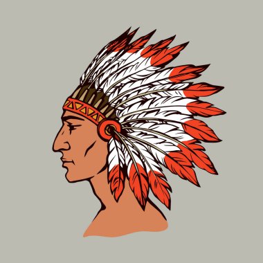 Proud brave navajo injun chieftain male person in big adornment warbonnet isolated on white background. Bright color hand drawn picture logo sketchy in antique art doodle graphic style pen on paper clipart