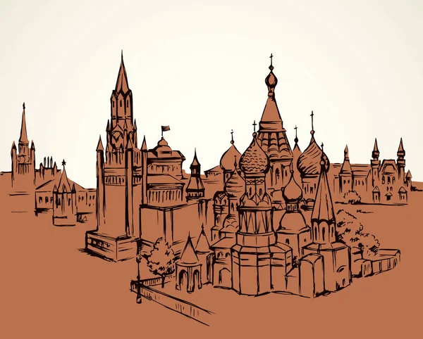 Eski manzara St. Vasily Kutsanmış Sokak Manzarası Spazskaya şehir merkezinde. Çizgi siyah mürekkep el çizilmiş resim sembolü sanat retro doodle grafik kalem beyaz gökyüzünde metin için boşluk ile kağıt üzerinde