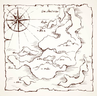 Beyaz zemin üzerinde yaşlı canlanma Isle yer planı kartı. Oyun görünümü. Serbest çizim siyah mürekkep el yolculuk yol notları yazdırma stilini kalem parşömen alanı için metin simgesini işaret sanat çizgi yarım yamalak doodle çizilmiş