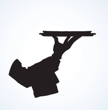 Klasik lüks şık erkek sunucu palm gümüş kubbe kapak beyaz zemin üzerinde ver. Siyah mürekkep çizilmiş resim amblemi sipariş kavramı logo piktogram retro sanat Kontur grafik tarzı metin için yer ile