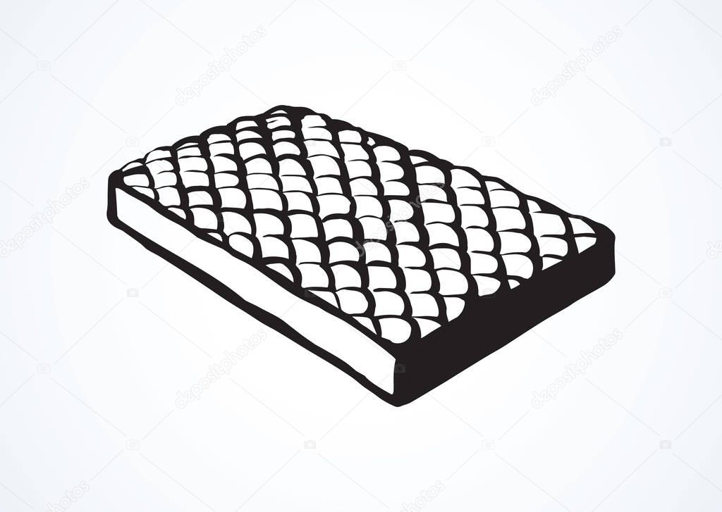 Neat snug thick cotton spring divan bedchamber couch on motel backdrop. Freehand line black ink hand drawn comfy dream object logo emblem pictogram sketchy in vintage doodle style and space for text