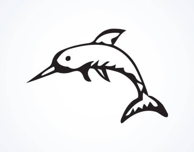 Büyük Monodon Tekboynuz ışık zemin üzerinde. Serbest el anahat siyah mürekkep elle çizilmiş sealife amblemi piktogram sanat retro karalama içinde yarım yamalak etch yazdırma stilini kalem kağıt üzerinde. Portre görünümünde metin alanı olan