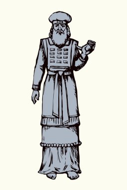 Moses torah historic divine ministry culture. Old bearded Aaron in tunic, turban with horn of anoint oil. Black ink hand drawn judaic levit leader picture sketch in vintage art east engrave silhouette style clipart