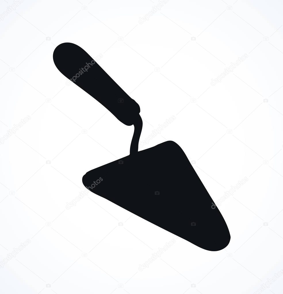 Old steel knife shovel pictogram on white parget backdrop. Dark ink hand drawn stucco darby ladle object logotype emblem in vintage art contour engraved print style with space for text