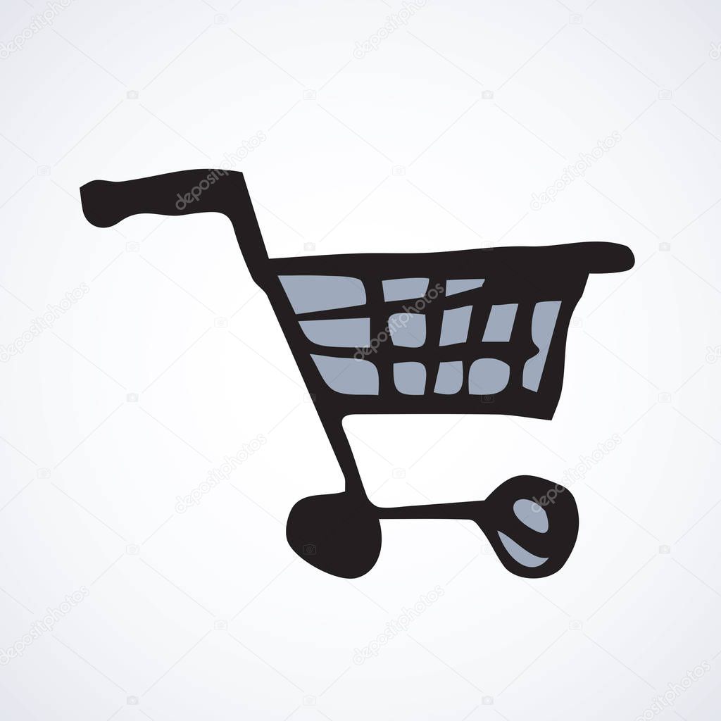 Empty dolly warehouse trolly wagon for spend on white backdrop. E-mall app label concept. Freehand outline black ink hand drawn picture emblem sketchy in art modern scribble cartoon style pen on paper