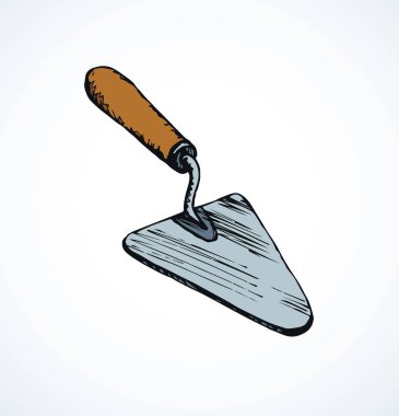 Eski çelik bıçak kürek beyaz sıva zemin üzerinde. Parlak gri renk el çekilmiş sıva darby kepçe nesne logo amblem piktogram vintage sanat doodle karikatür tarzı metin için yer ile