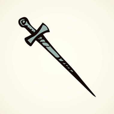 Dekoratif şövalye demir pala dirk aracı beyaz arka plan üzerinde yaşlı. Çizgi siyah mürekkep el çekilmiş longsword Logo Amblem yarım yamalak retro sanat doodle tarzı kalem kağıt üzerinde. Portre görünümünde metin alanı olan