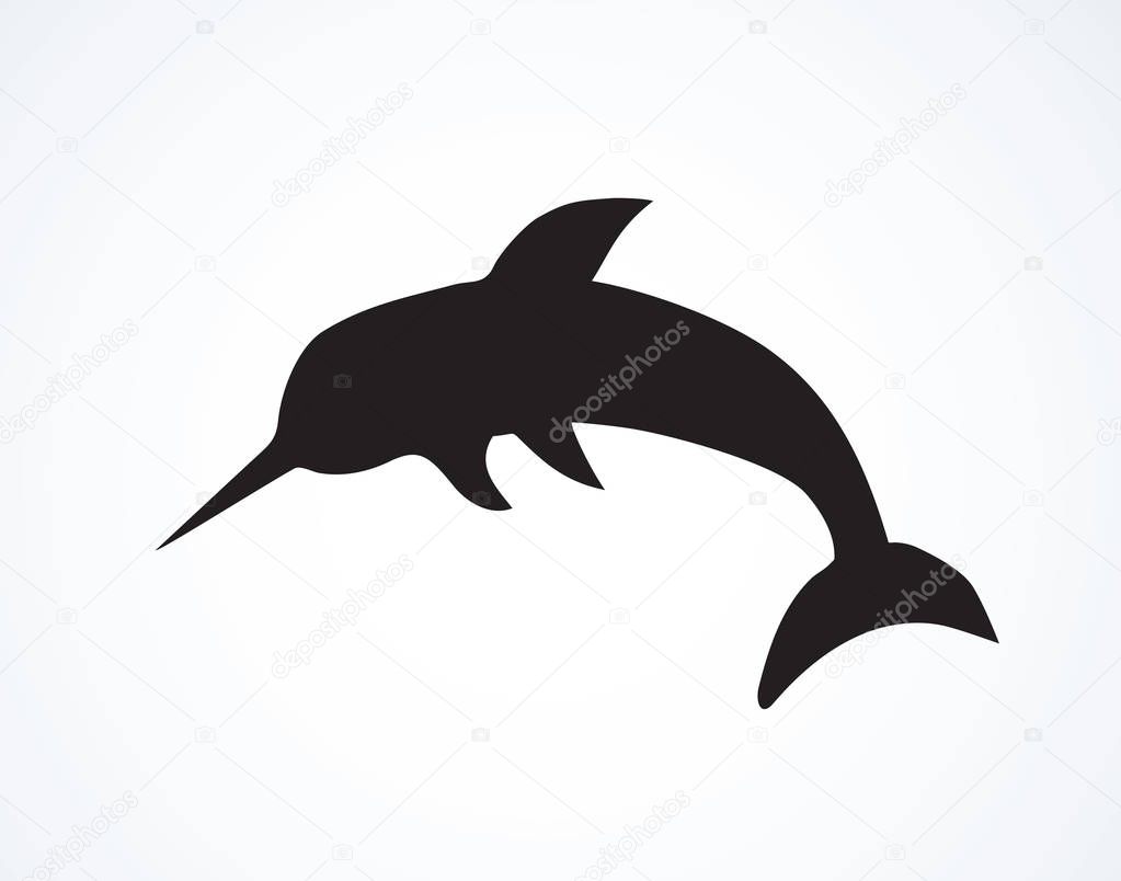 Big Monodon monoceros on light backdrop. Dark ink hand drawn emblem logotype in art retro etching print style. Closeup side view with space for text