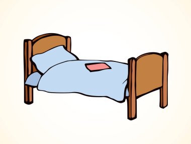 Boş klasik kahverengi ahşap rahat yumuşak trendy hostel ranza beyaz zemin üzerinde. Parlak renkli çizilmiş logosu sanat retro karalama karikatür tarzı içinde yarım yamalak ver. Portre görünümünde metin alanı olan
