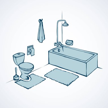 Yıkanmak sanitasyon küvet tasarım ışık kat arka plan mindere halı ile rahatlayın. Anahat siyah mürekkep el çizilmiş resim simgesini sanat retro doodle grafik kontur stili kalem kağıt üzerinde. Duvarda metin için yer ile izometrik görünümü