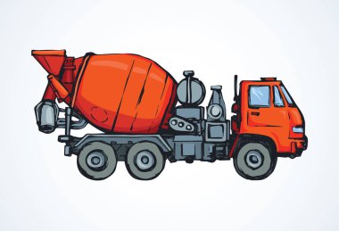 Büyük kırmızı scrambler beyaz yol zemin üzerinde konteyner davul. Parlak turuncu renk el çekilmiş logo piktogram amblemi sanat modern doodle karikatür tarzı içinde yarım yamalak. Metin için yer ile yan görünüm