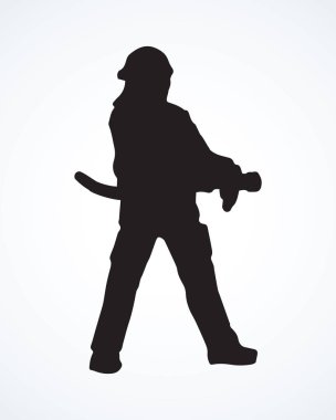 911 kurtarma cankurtaranı beyaz arka planda boru tutuyor. Koyu siyah mürekkepli el ateş geçirmez giysi, iş kıyafeti, şapka amblemi amblem logo piktogramı retro sanat Copntour oyma tarzı metin için boşluk