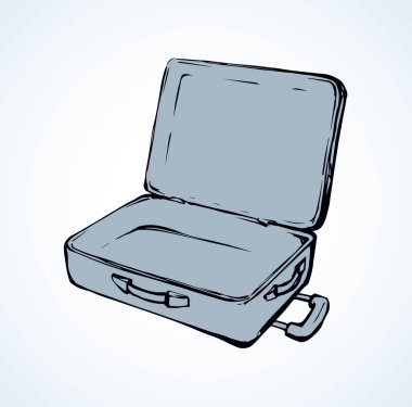 Büyük modern gövde kutusu sac beyaz Havaalanı zemin üzerinde. Takım elbise büyük holdall taşıyıcı freehand anahat siyah mürekkep el çekilmiş logo amblem yarım yamalak retro sanat doodle stil tükenmez kalemle kağıt ve alan metin için