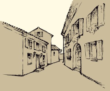 Yaşlı romantik yaz Ortaçağ yapı ile şehir merkezinde yer. FreeHand doğrusal mürekkep el sanat retro karalama grafik stili tükenmez kalemle kağıt üzerinde alanı ile beyaz gökyüzü zemin üzerinde metin için kabataslak çizilmiş resim