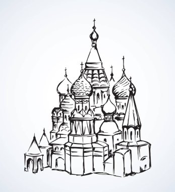 St. Vasily Kutsanmış Papaz Manzarası şehir merkezindeki klasik Spazskaya 'da. Çizgi siyah mürekkep el çizilmiş resim sembolü sanat retro doodle grafik kalem beyaz gökyüzünde metin için boşluk ile kağıt üzerinde